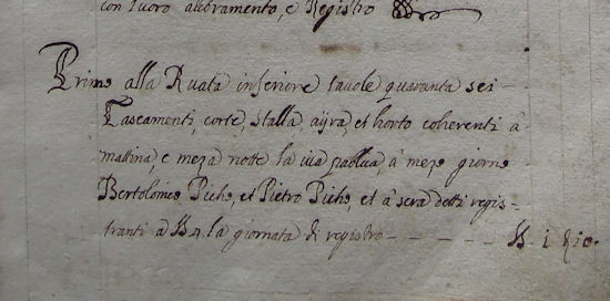 Alla Ruata Inferiore tavole quaranta sei casiamenti, corte, stalla, ayra et horto coherenti a mattina, e a