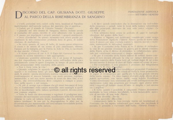 Discorso del Capitano Giusiana Dott. Giuseppe al Parco della Rimembranza di Sangano